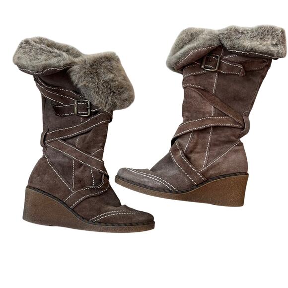 Don Diego Suede Faux Fur Buckle Wedge Snow Winter Boots size 8.5 / 39 Tan - Picture 1 of 14